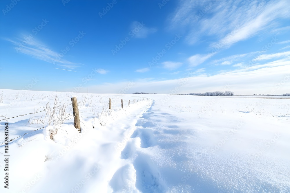 Minimalist winter landscape with snow covered field and wooden fence. White rural scenery under bright blue sky. Clean nature background with fence line. Seasonal photography Minimalist winter landscape with snow covered field and wooden fence. White rural scenery under bright blue sky. Clean nature background with fence line. Seasonal photography