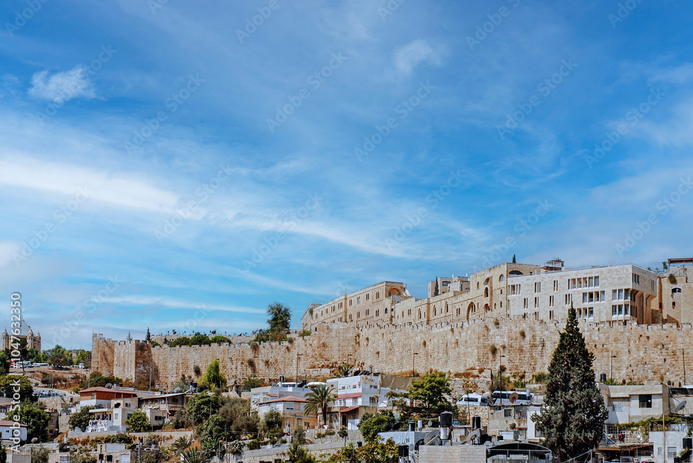 Fototapeta premium Jerusalem walls built by Saladino in the XII Century. Saladino was a Sunni Muslim Kurd. He led the Muslim military campaign against the Crusader states in the Levant. Israel, 2016