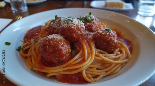 Italian Meatballs with Spaghetti and Tomato Sauce Plated for Lunch