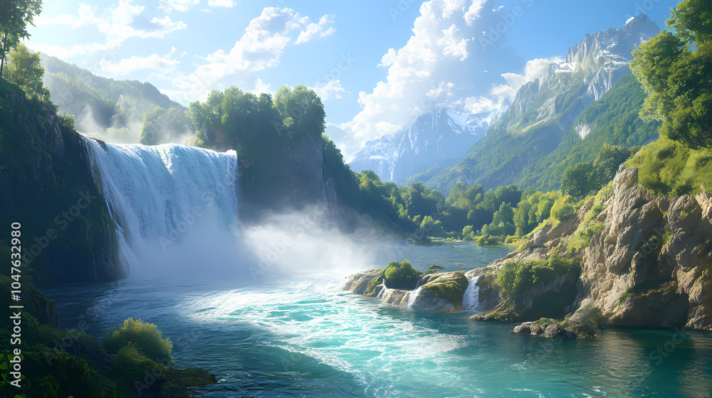 Majestic rhine falls cascade down rocky cliffside, misty veil rises from turquoise water, surrounded by lush greenery and sunny blue sky in switzerland. Misty Waterfall Basin. Illustration Majestic rhine falls cascade down rocky cliffside, misty veil rises from turquoise water, surrounded by lush greenery and sunny blue sky in switzerland. Misty Waterfall Basin. Illustration