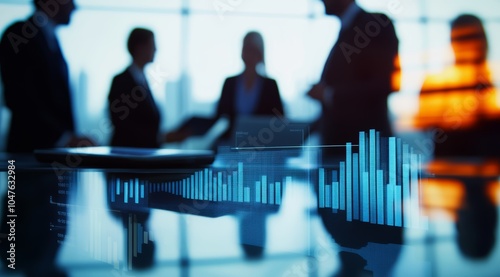 Silhouetted business professionals negotiating in a modern office with a digital graph overlay.