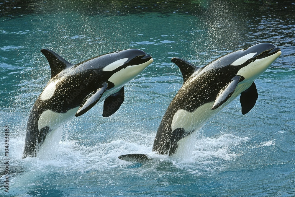 Obraz premium Killer Whale Pair Leaping in Canada. Full-length Shot of Adult Orca Jumping in American Waters
