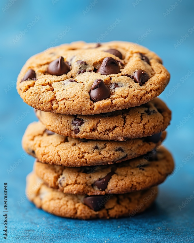 A stack of chocolate chip cookies on a blue background A stack of chocolate chip cookies on a blue background