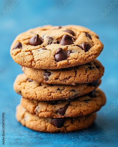 A stack of chocolate chip cookies on a blue background