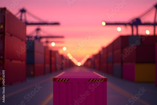 Shipping container terminal at pink sunset with bokeh lights. Industrial port alley with cargo containers and crane silhouettes. Maritime logistics photography with copy space photo