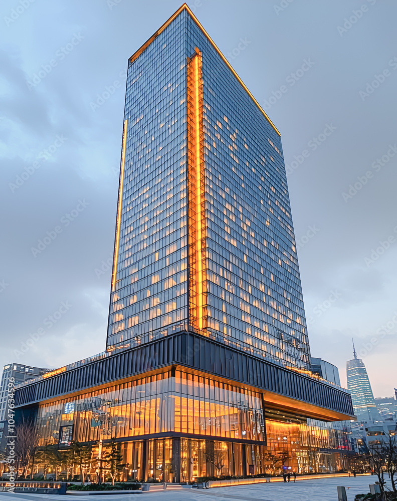 Fototapeta premium Modern skyscraper with warm illuminated windows at twilight in urban setting 