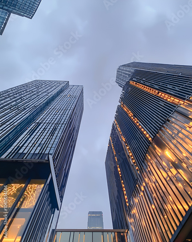 Skyscrapers towering in the cloudy sky with warm interior lights glowing.
