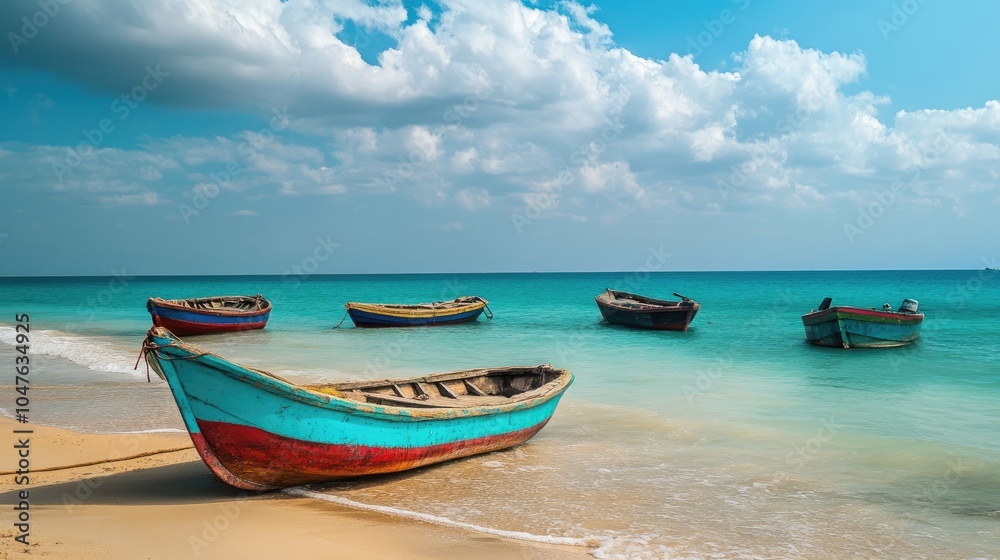 A tranquil scene of fishing boats anchored near the shore of Dhanushkodi. A tranquil scene of fishing boats anchored near the shore of Dhanushkodi.