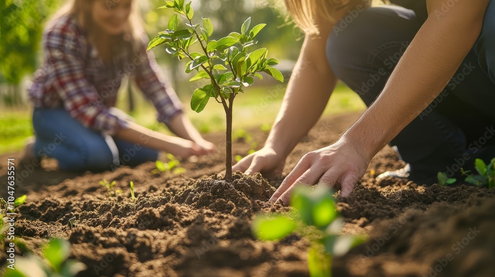 Two young adults planting a small tree in a sunny garden. Two young adults planting a small tree in a sunny garden.