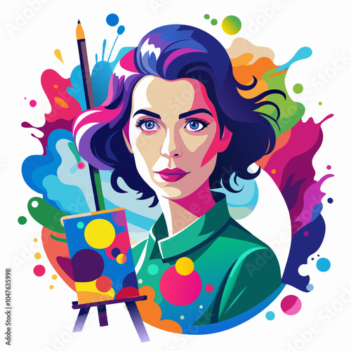 Portrait of a woman painting on a large canvas, surrounded by vibrant paint splatters and creative elements on white background 