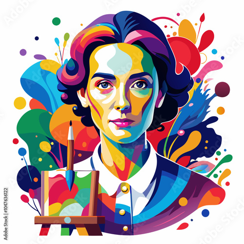 Portrait of a woman painting on a large canvas, surrounded by vibrant paint splatters and creative elements on white background 