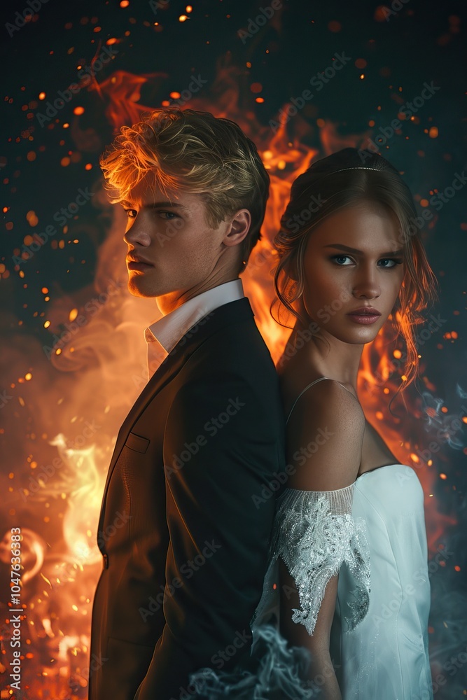 Elegant Couple Standing Back to Back in Dramatic Fire and Smoke Background, Symbolizing Passion and Conflict Elegant Couple Standing Back to Back in Dramatic Fire and Smoke Background, Symbolizing Passion and Conflict
