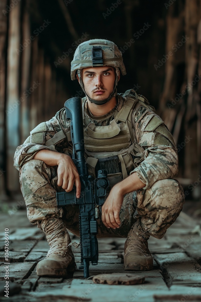 Fototapeta premium A soldier crouches in an abandoned building, holding his rifle, fully equipped, vigilantly scanning surroundings.