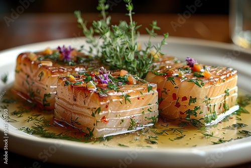 A plate of Russian aspic, zalivnoe, featuring beautifully arranged pieces of meat or fish in a clear gelatin, garnished with herbs photo