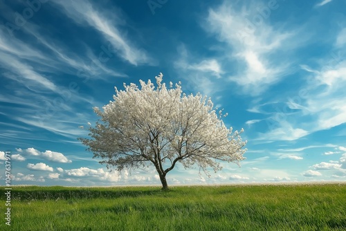 A solitary tree stands in a field against a vivid blue sky, symbolizing solitude and nature's beauty.