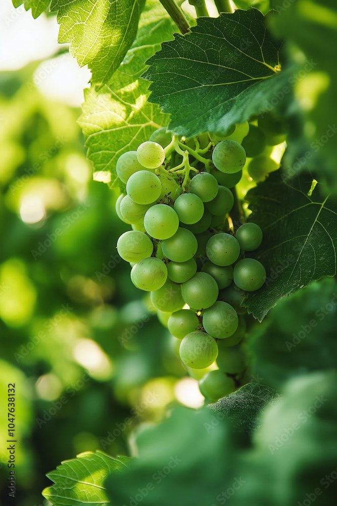 A vibrant cluster of green grapes hangs amongst lush vineyard leaves, epitomizing freshness and abundance in nature. A vibrant cluster of green grapes hangs amongst lush vineyard leaves, epitomizing freshness and abundance in nature.