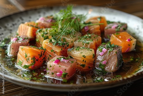 A plate of Russian aspic, zalivnoe, featuring beautifully arranged pieces of meat or fish in a clear gelatin, garnished with herbs photo