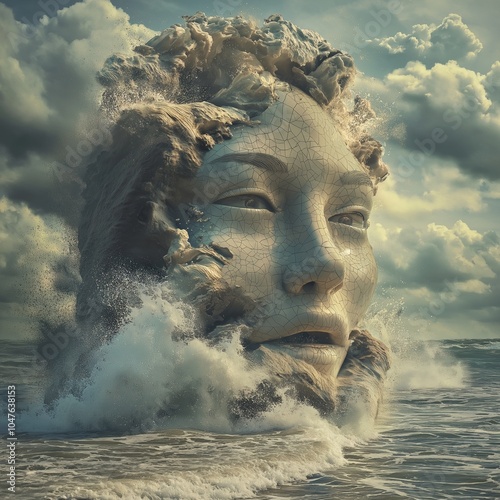 A surreal image depicts a large ocean wave morphing into a human face, merging nature's power with human form. photo