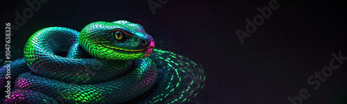 A green snake with neon pink and green glow on a dark background, a symbol of the year