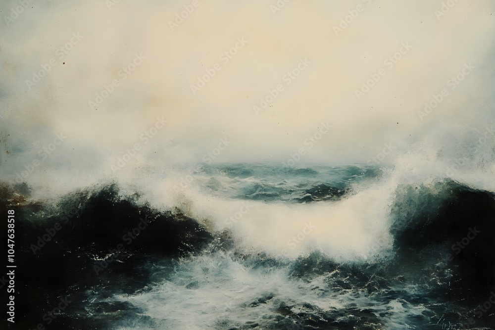 Obraz premium Artistic interpretation of stormy Nordic waves in turquoise and cream tones. Oil painting style seascape with dramatic atmosphere. Maritime fine art