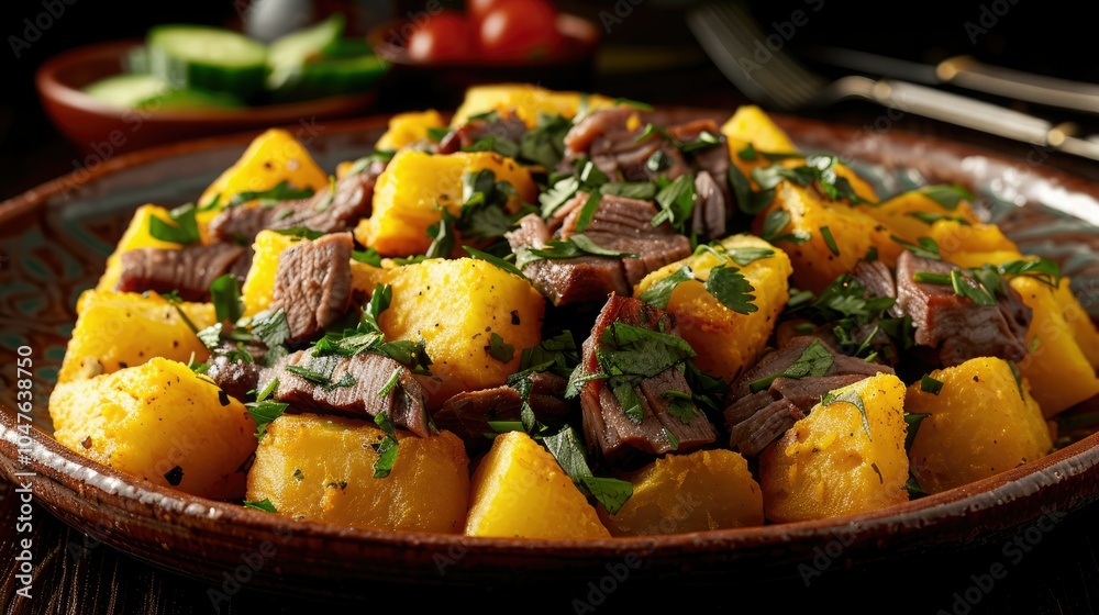 Delicious beef and potato dish garnished with herbs on a rustic wooden table at dinner Delicious beef and potato dish garnished with herbs on a rustic wooden table at dinner