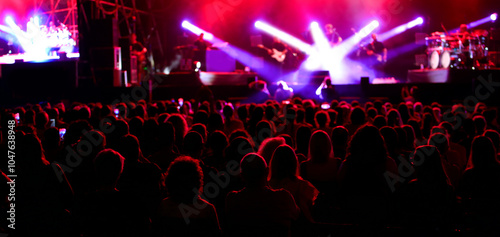 crowd seen from behind watching the live concert with bright stage lights illuminating the performing artists photo