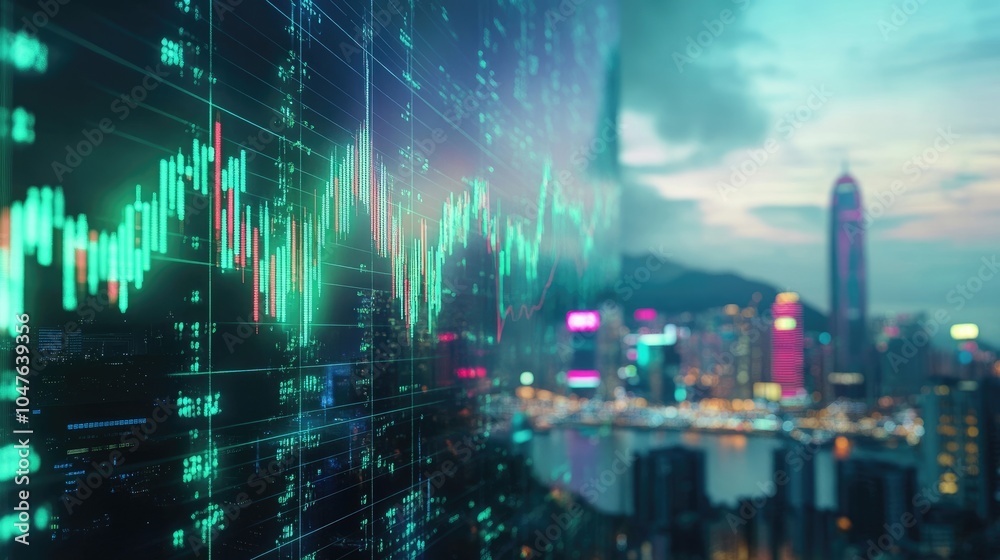 An abstract representation of the Hang Seng index chart showing dramatic fluctuations, set against a futuristic city skyline, An abstract representation of the Hang Seng index chart showing dramatic fluctuations, set against a futuristic city skyline,