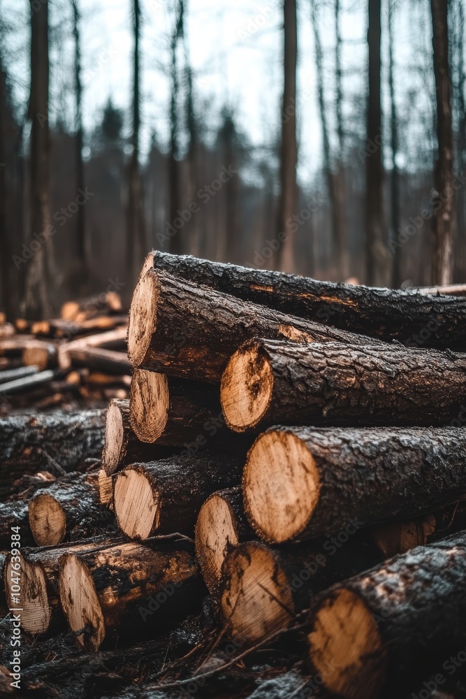 Stacked logs in a serene forest setting with bare trees in the background. Stacked logs in a serene forest setting with bare trees in the background.