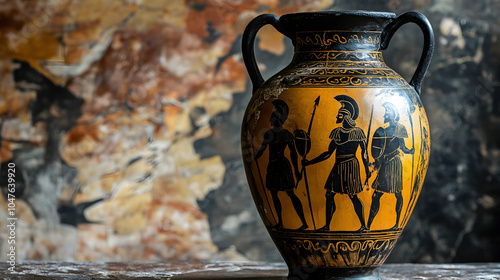 Ancient Greek Amphora: An ancient Greek amphora depicting warriors in black-figure style, showcasing classical artistry.  - photo