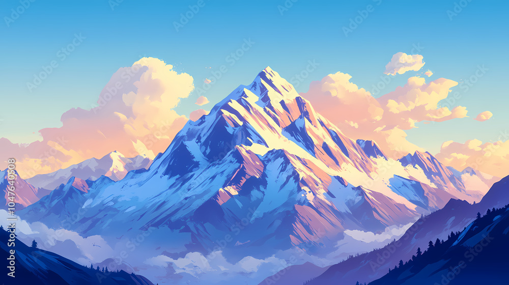 Fototapeta premium Spectacular snow-capped mountain peaks bask in soft golden light of dawn, set against a brilliant blue sky with gentle clouds, serene and majestic landscape. Snow-Capped Peaks. Illustration