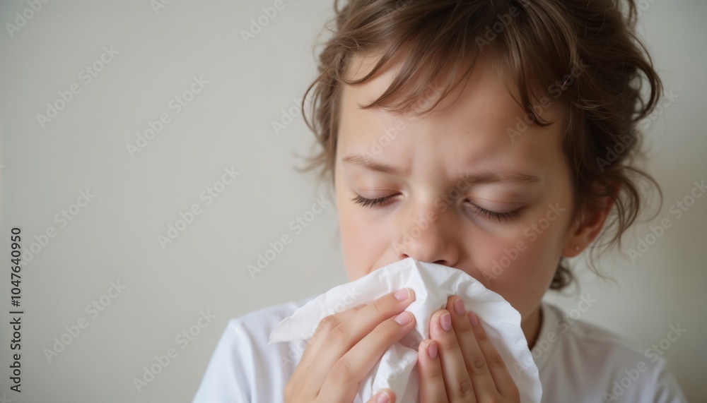 Sick child blowing nose with tissue at home