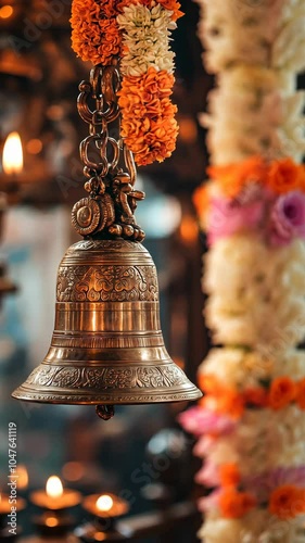 Elegant brass temple bell adorned with flowers and lights during a sacred festival celebration in India