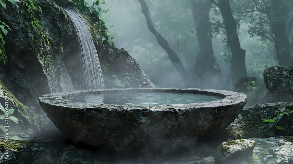 Stone basin, waterfall mist. generative ai. Misty Waterfall Basin. Illustration Stone basin, waterfall mist. generative ai. Misty Waterfall Basin. Illustration