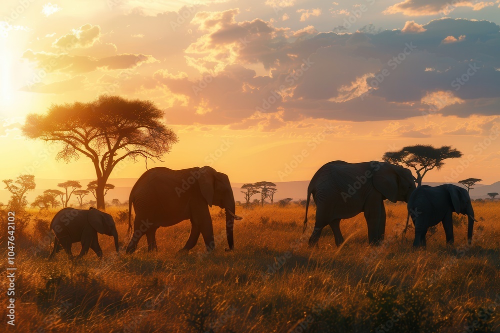 Obraz premium Elephants move gracefully through the golden savanna grass as the sun sets, casting long shadows in the vibrant evening light. Generative AI