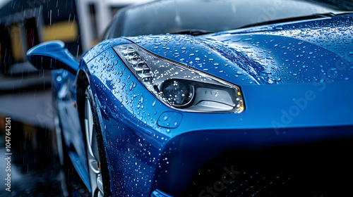 Close-up of water droplets on a blue luxury sports car during a car wash  -