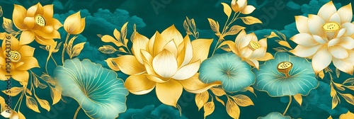 Tropical floral patterns with golden lotus details, set on a rich emerald background for packaging