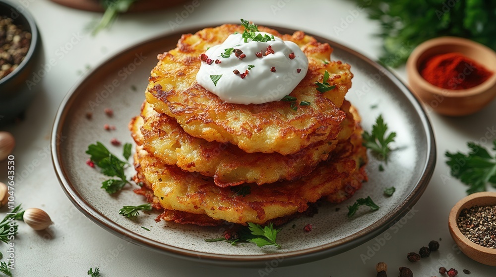 Vegan potato fritters served with sour cream on an elegant plate surrounded by spices for a delicious recipe book Vegan potato fritters served with sour cream on an elegant plate surrounded by spices for a delicious recipe book