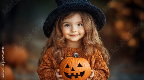 Halloween child girl dressed witch portrait. Beautiful woman witch hat long curly red hair