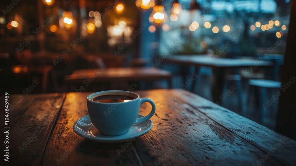 A steaming cup of coffee sits on a rustic wooden table in a cozy cafe. The warm glow of hanging lights enhances the inviting atmosphere, perfect for relaxing in the evening.
