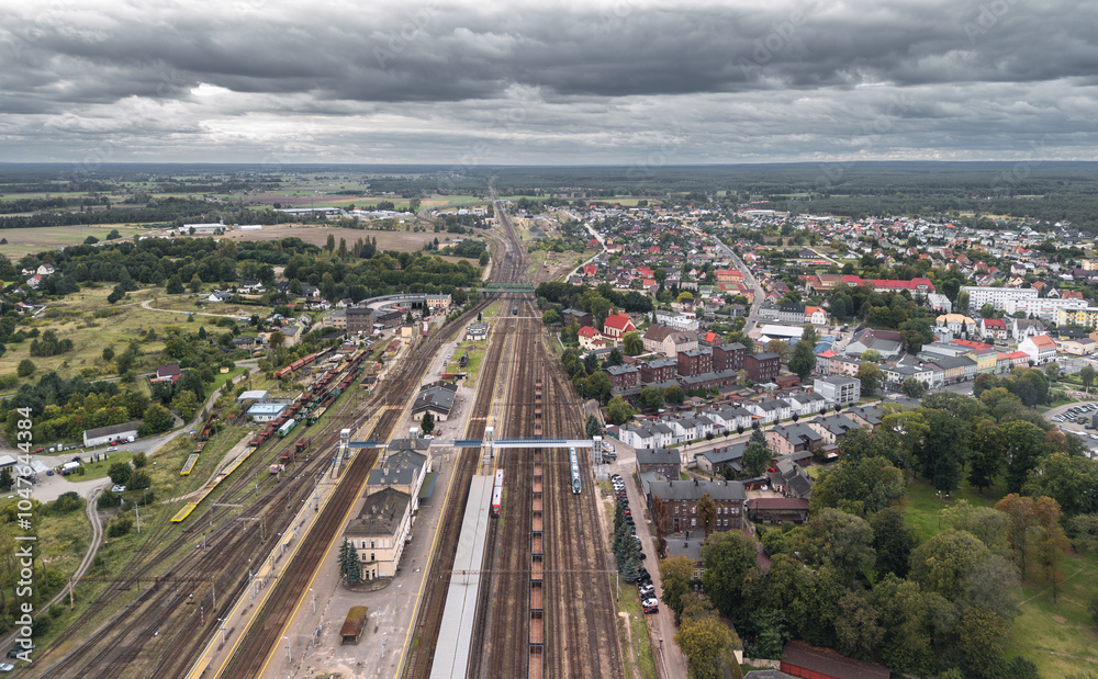 Aerial skyline cityscape of Krzyż Wielkopolski, Poland. Panoramic autumn view