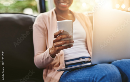 Hands, typing and person with smartphone, couch and networking in home, online or communication. Digital, freelancer and research for contract job, opportunity and laptop with app for info or career