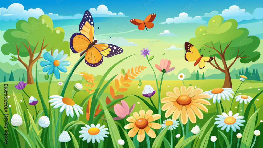 Colorful butterflies flutter over a vibrant meadow filled with blooming wildflowers on a sunny day in springtime Colorful butterflies flutter over a vibrant meadow filled with blooming wildflowers on a sunny day in springtime