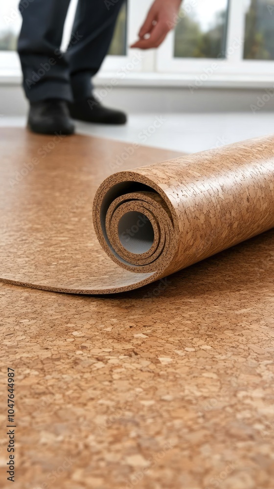 A worker carefully rolls out cork underlay on a concrete screed floor, preparing for flooring installation in a new home A worker carefully rolls out cork underlay on a concrete screed floor, preparing for flooring installation in a new home
