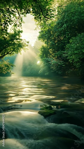 Wallpaper Mural Tranquil river flowing through a lush forest at sunrise, showcasing serene light rays in the early morning Torontodigital.ca