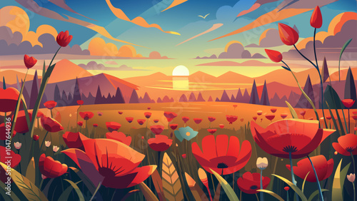 Colorful sunset over a blooming meadow filled with red flowers and distant mountains under a vibrant sky