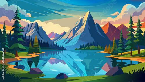 A serene mountain landscape reflects on a calm lake surrounded by pine trees during a vibrant sunset in the wilderness