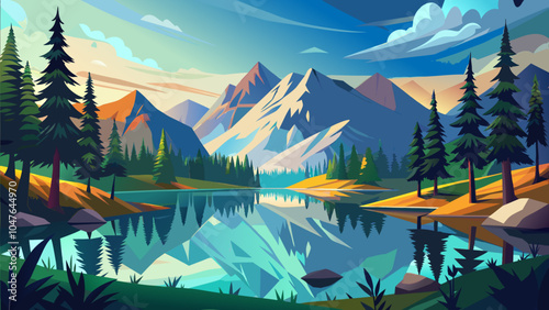 A serene lakeside view with mountains and pine trees during a colorful sunset in a tranquil natural landscape