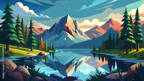 Serene mountain landscape at dawn with pine trees reflecting in the calm lake waters surrounded by vivid peaks