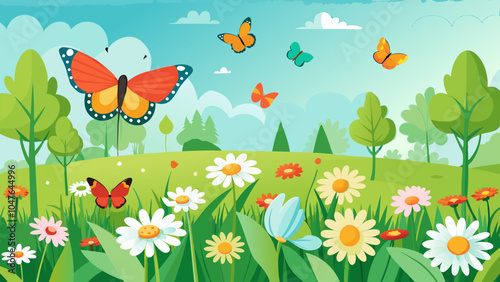 Colorful butterflies flutter over a vibrant meadow filled with blooming flowers under a clear blue sky during a sunny day