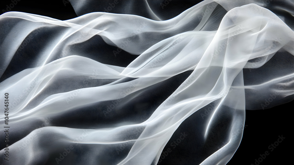 Flowing Tulle Fabric: Elegant curves and shapes created by flowing delicate white tulle fabric on a black background. - Flowing Tulle Fabric: Elegant curves and shapes created by flowing delicate white tulle fabric on a black background. -